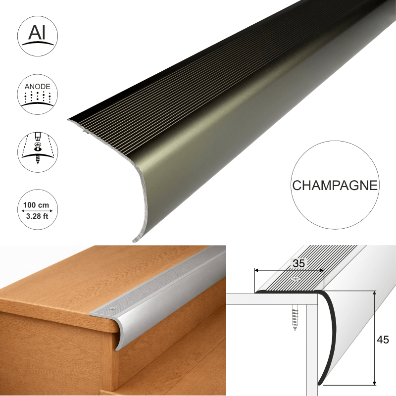 Bullnose Aluminium Stair Nosing 35 x 45mm Anti-Slip Step Edge Trim - Image 6