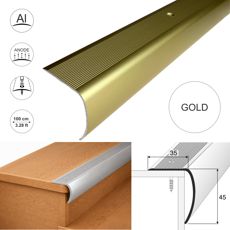 Bullnose Aluminium Stair Nosing 35 x 45mm Anti-Slip Step Edge Trim - Image 5