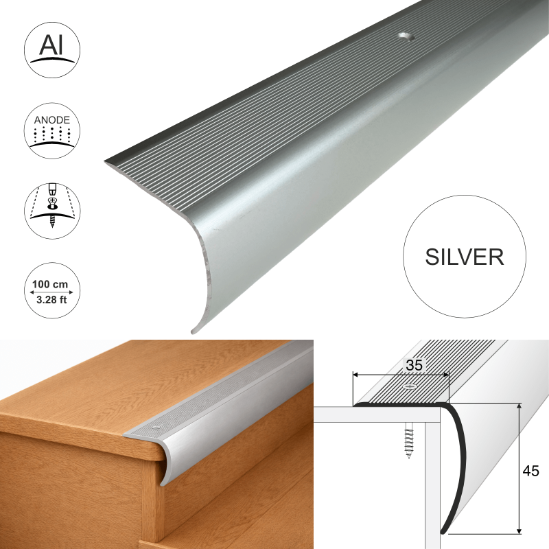 Bullnose Aluminium Stair Nosing 35 x 45mm Anti-Slip Step Edge Trim - Image 4