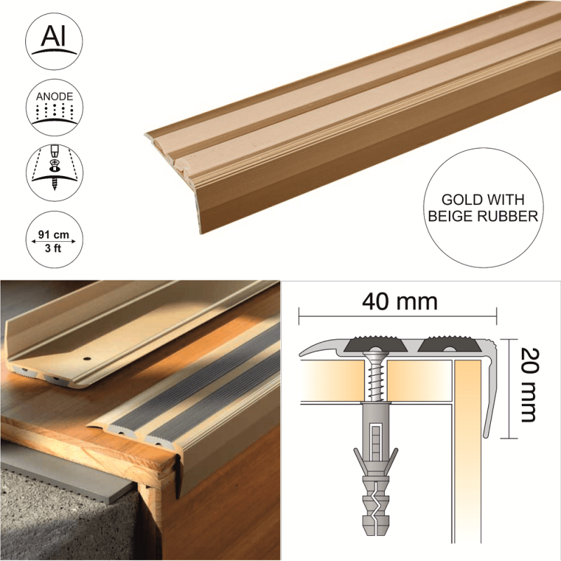 Aluminium Stair Nosing Edge Trim 40 x 20mm with Rubber Insert - Image 6
