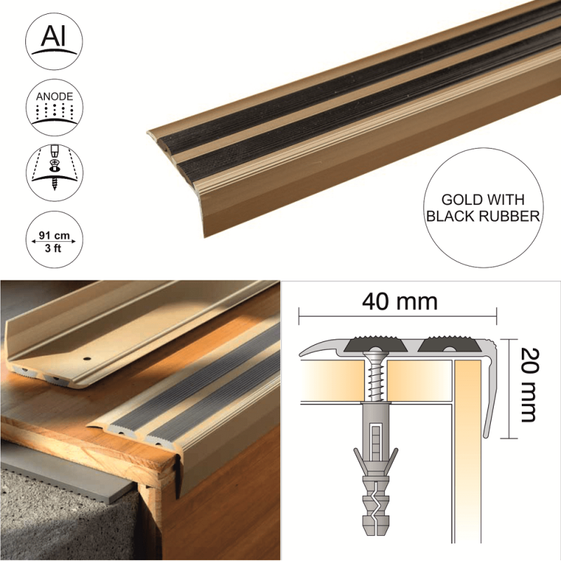 Aluminium Stair Nosing Edge Trim 40 x 20mm with Rubber Insert - Image 5