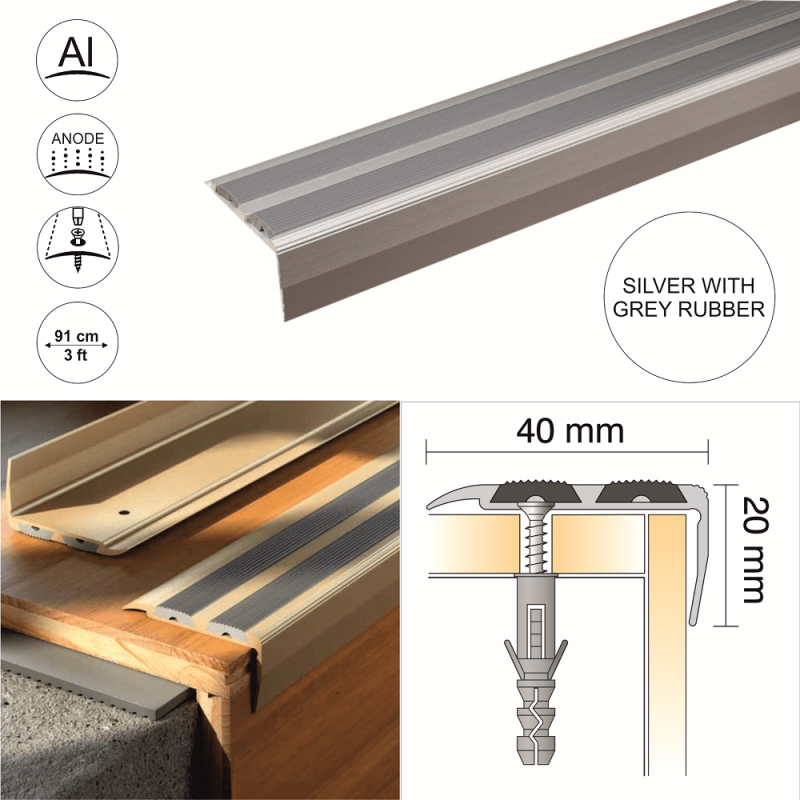 Aluminium Stair Nosing Edge Trim 40 x 20mm with Rubber Insert - Image 4