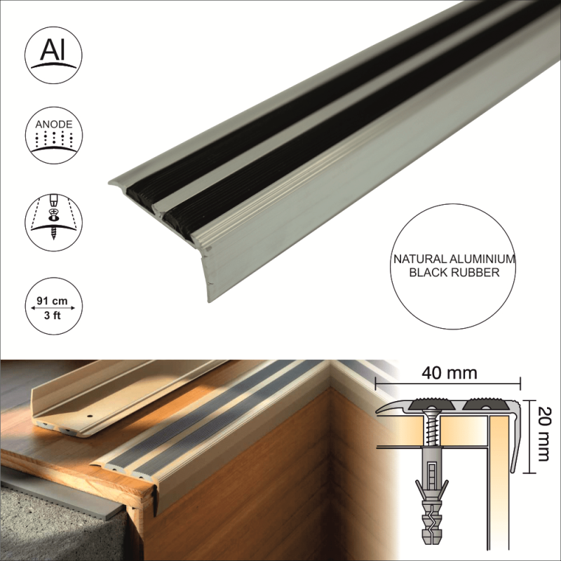 External Stair Nosing 40 x 20mm Heavy Duty Aluminium with Rubber Insert - Image 3