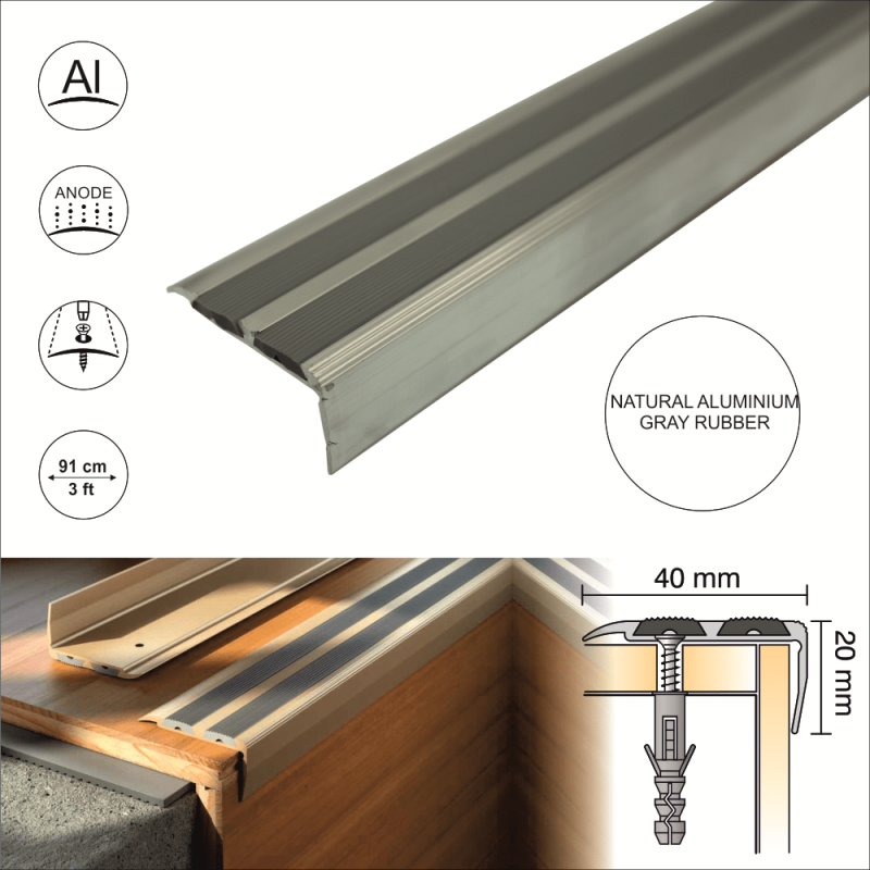 External Stair Nosing 40 x 20mm Heavy Duty Aluminium with Rubber Insert - Image 4