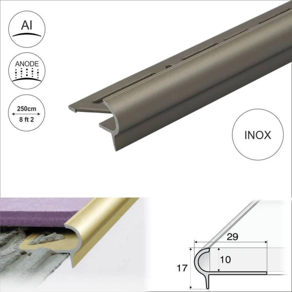 Rounded Aluminium Tile-In Stair Nosing 29 x 17 x 10mm | Edge Trim for Tiled Stairs - Image 7